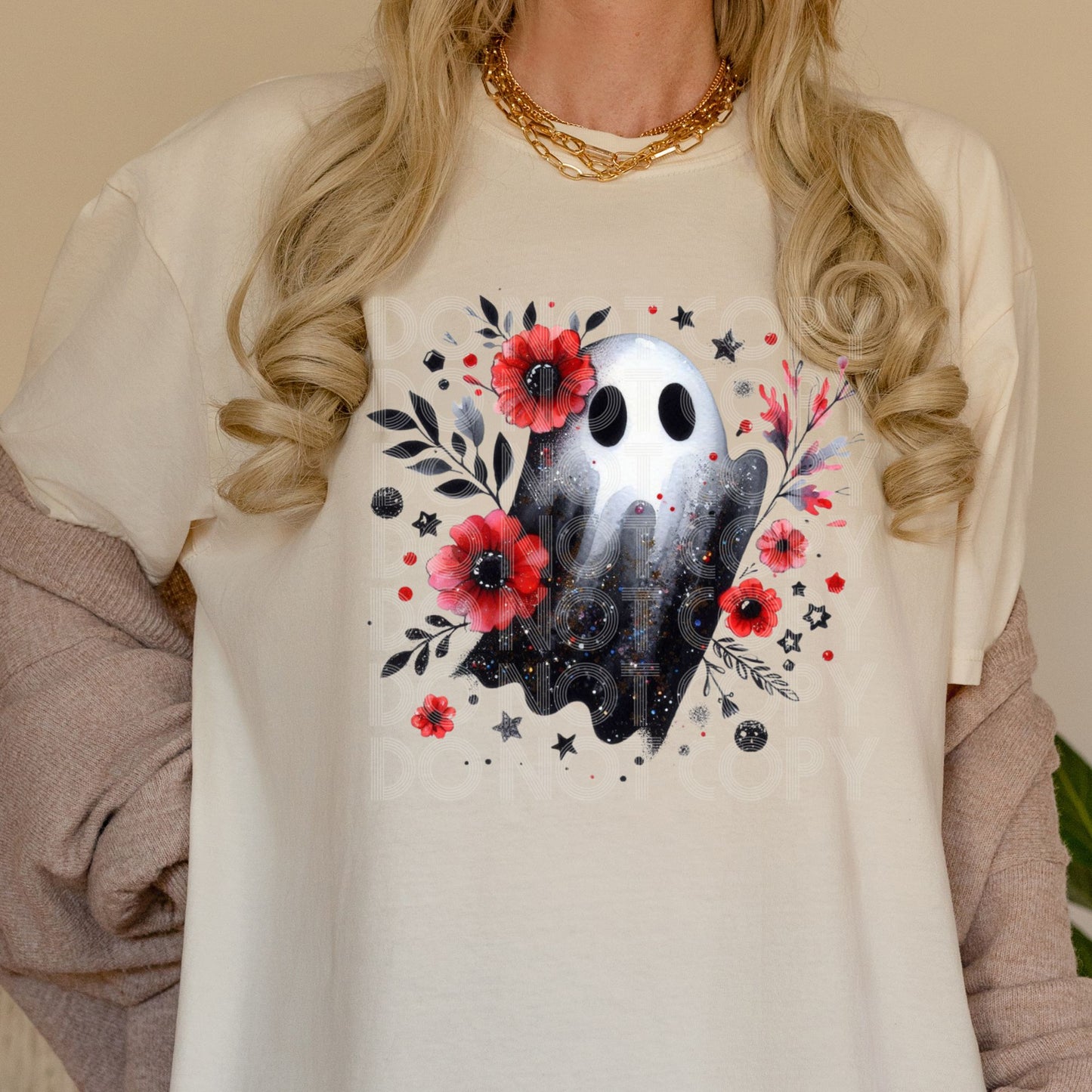 Black & White Ghost with pink flower #2- SHIRT VSC