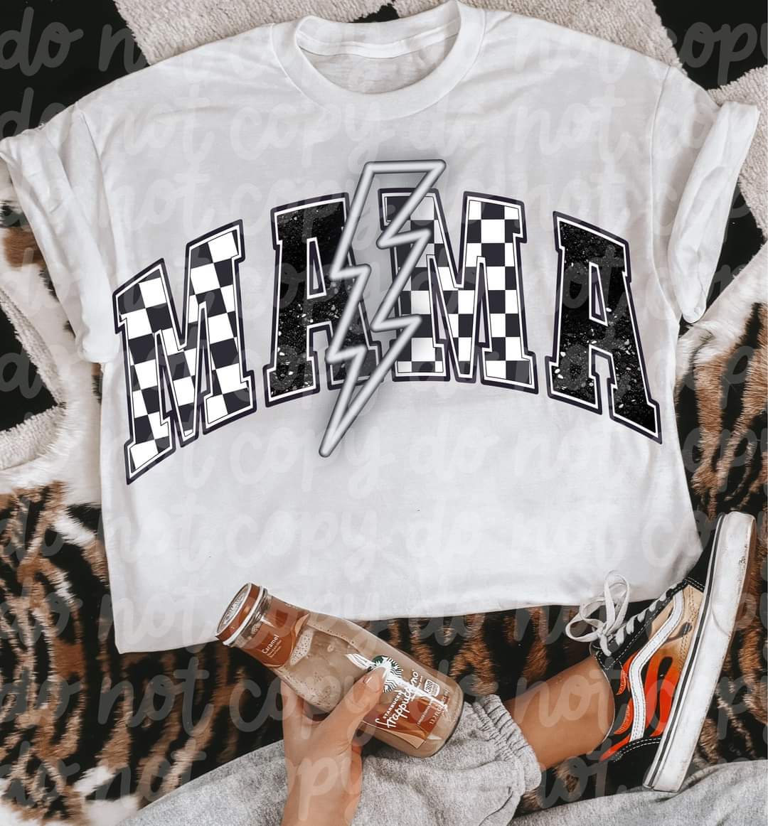 Mama Checkered Gray Lightening Bolt-SHIRT