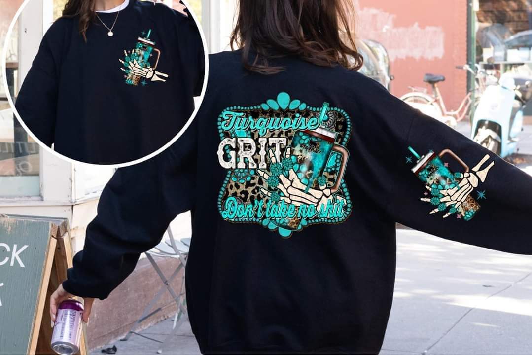 Turquoise Grit Don’t Take No Shit Leopard Background Pocket And Sleeve - SHIRT. SwStD. 24