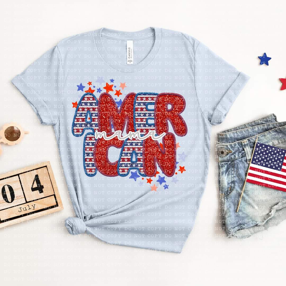 American Mama Faux Embroidery Sequin Stacked- SHIRT