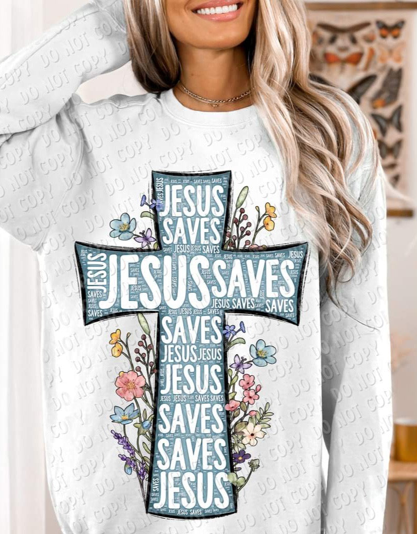 Jesus Saves Blue Floral Cross - SHIRT