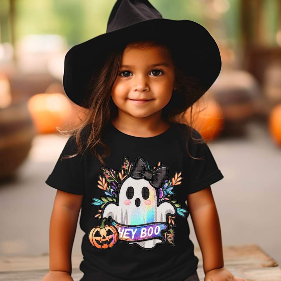 Hey Boo Ghost with Bow & Jack-o-lantern Faux Embroidery - KIDS SHIRT SDD.24