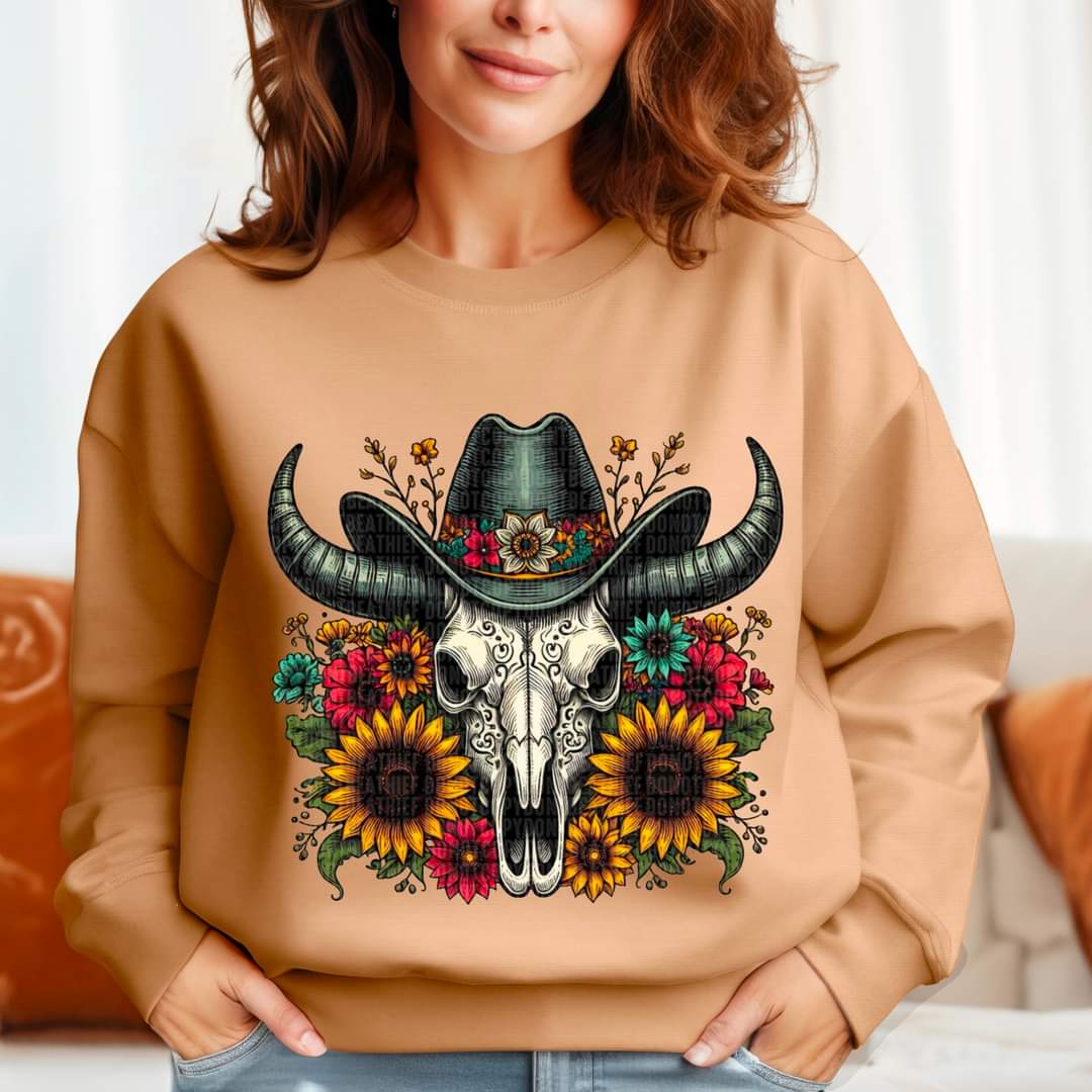 Cow Skull with Cowboy Hat & Sunflowers - SHIRT SDD