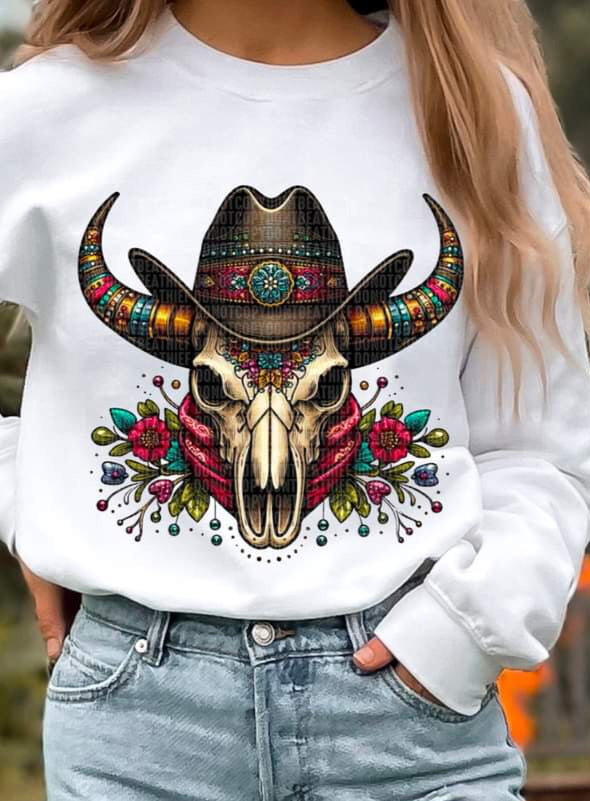 Cow Skull with Cowboy Hat & Flowers - SHIRT SDD
