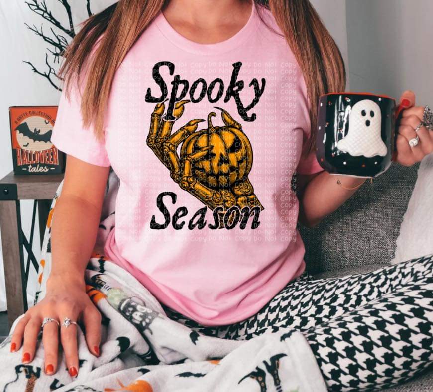 Spooky Season Skellie Hand Holding Pumpkin Orange or Black - SHIRT DDD* indicate which color design needed in note section