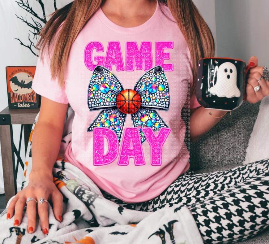 Game Day Basketball Faux Rhinestone Orange, Green, Blue, Purple, Pink Lettering - SHIRT DDD *add color choice in note section