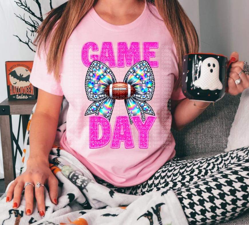 Game Day Football Faux Rhinestone Orange, Green, Blue, Purple, Pink Lettering - SHIRT DDD *add color choice in note section