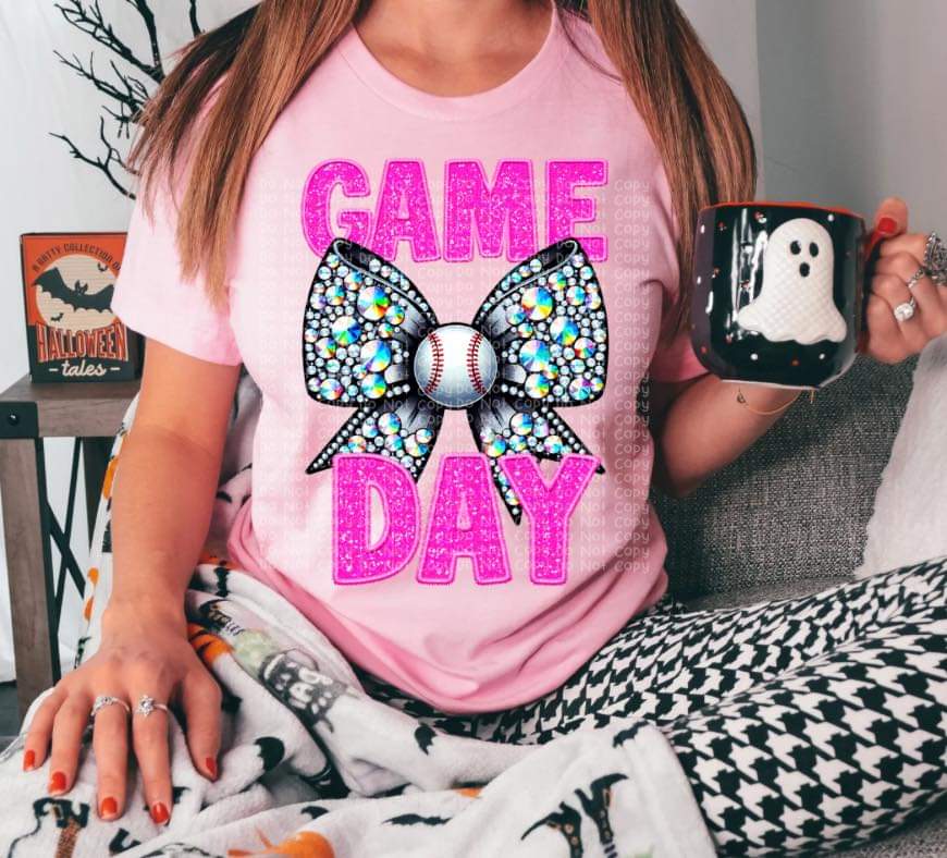 Game Day Baseball Faux Rhinestone Orange, Green, Blue, Purple, Pink Lettering - SHIRT DDD *add color choice in note section