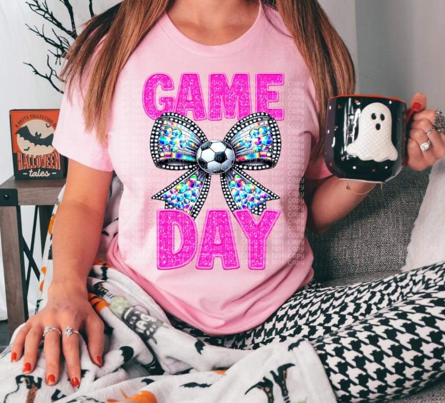 Game Day Soccer Faux Rhinestone Orange, Green, Blue, Purple, Pink Lettering - SHIRT DDD *add color choice in note section