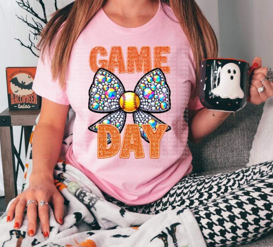 Game Day Softball Faux Rhinestone Orange, Green, Blue, Purple, Pink Lettering - SHIRT DDD *add color choice in note section