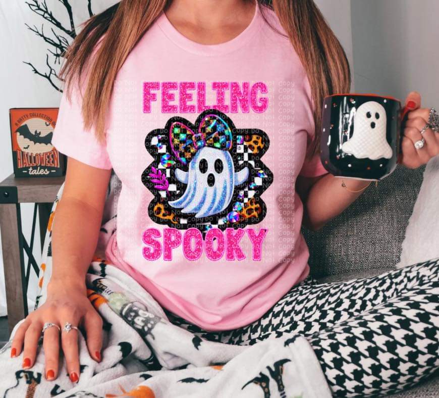 Feeling Spooky Faux Glitter Ghost with Bow - SHIRT DDD