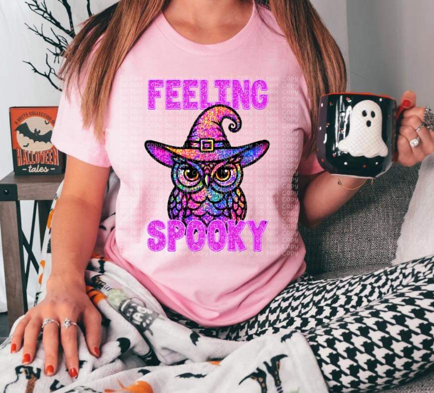 Feeling Spooky Tie Dye Faux Glitter Owl - SHIRT DDD