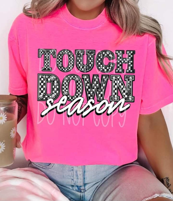 Touch Down Season Faux Rhinestone Checkered Lettering- SHIRT PHD.24