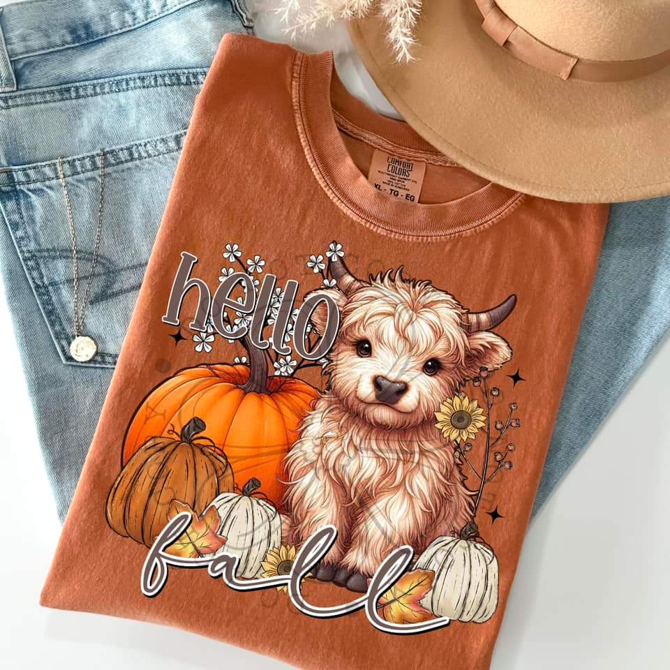 Hello Fall with Baby Highland Cow & Pumpkins - SHIRT FDC.24
