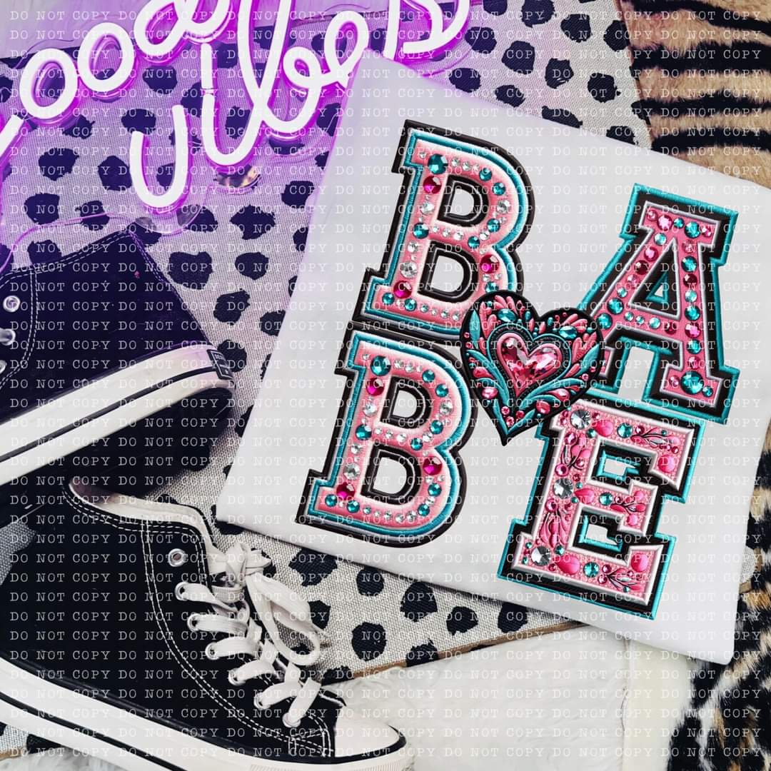 BABE Split Pink & Teal Letters Heart Faux Rhinestone - SHIRT EC.D.D.24