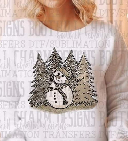 Leopard Print Trees with Snowman - SHIRT SST.24