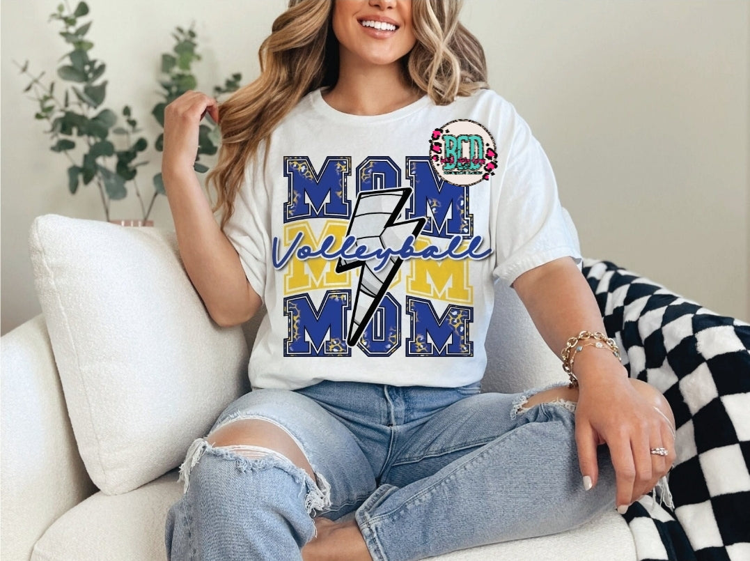 Volleyball Mom Blue & Yellow Leopard Bolt Stacked - SHIRT