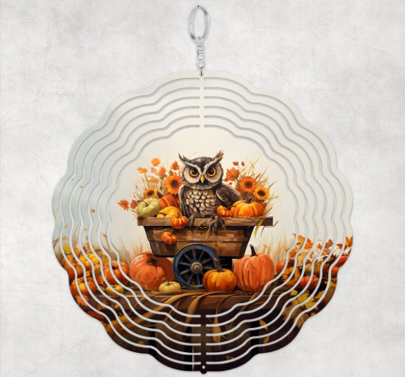 Watercolor Painted Owl in a Wheelbarrow - Wind Spinner SSA