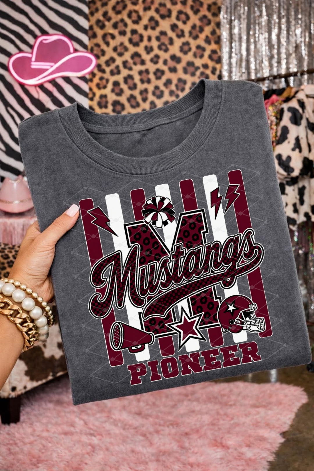 Pioneer Mustangs Football - SHIRT *add in note box which design & color shirt you want. Big P or M behind Mustangs.