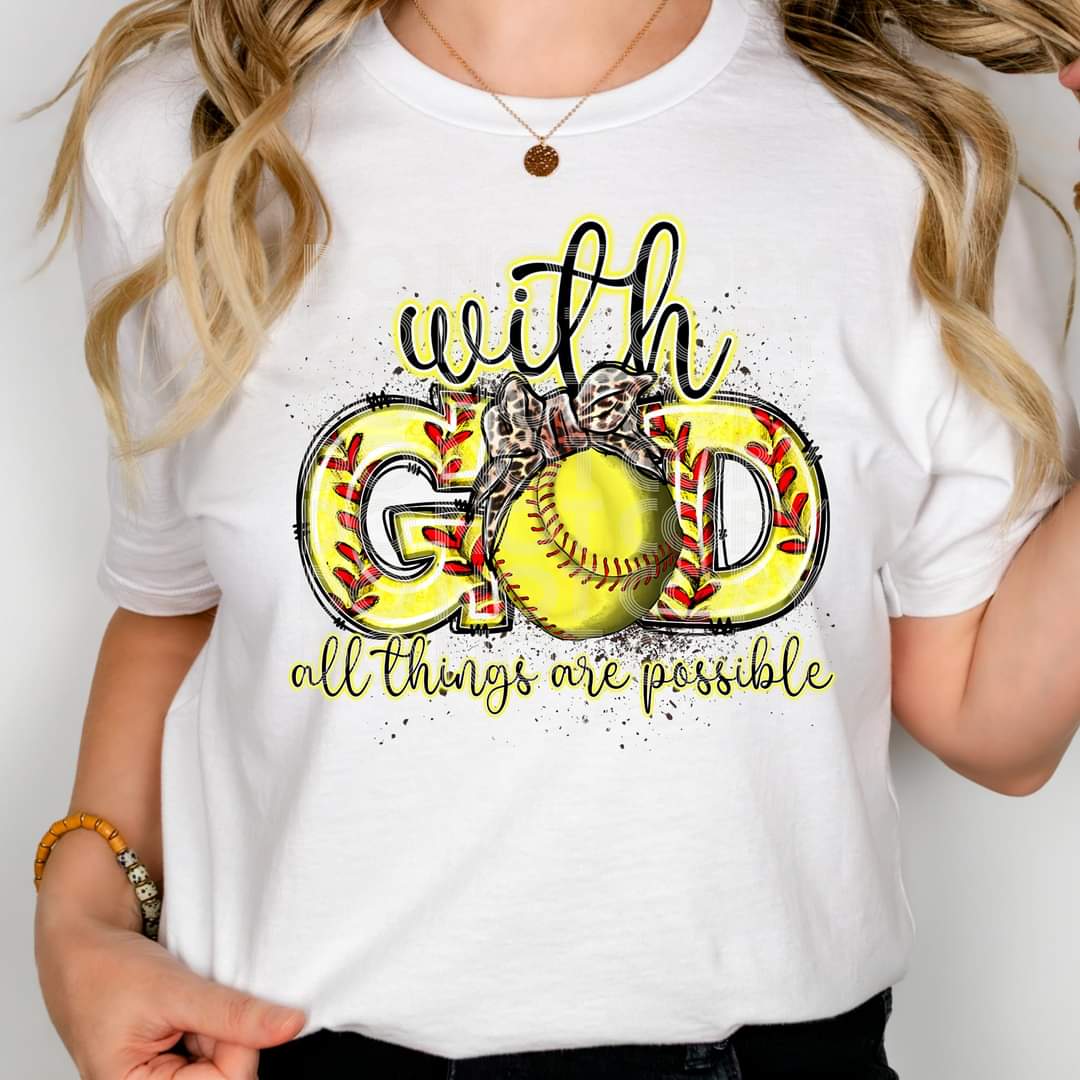 With God All Things Are Possible Softball Leopard Bow-SHIRT
