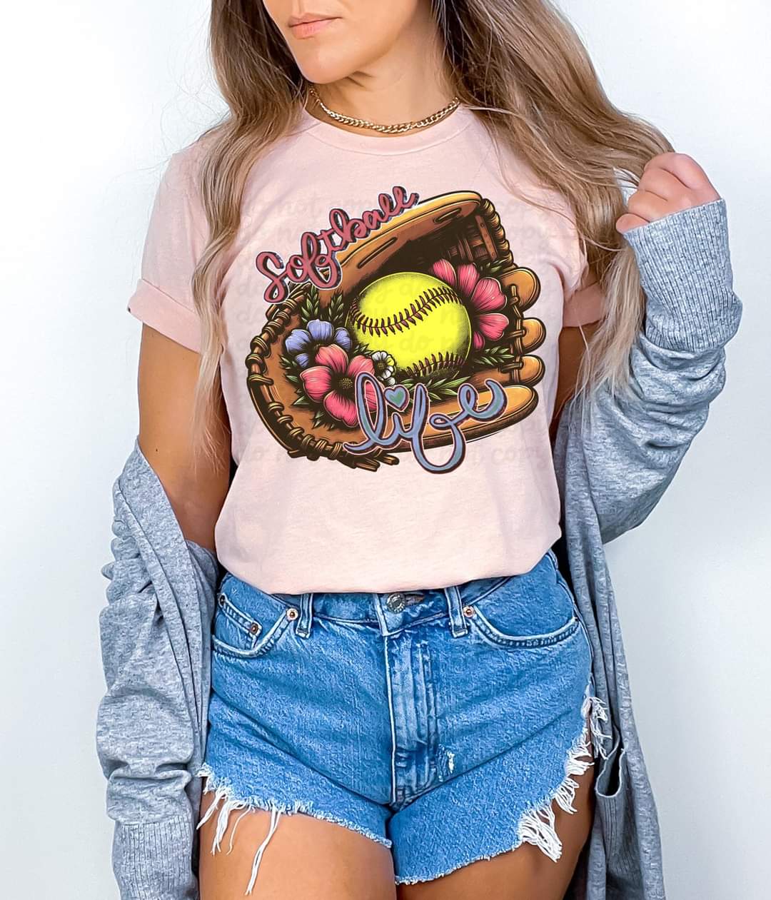 Softball Life Mitt with Flowers-SHIRT