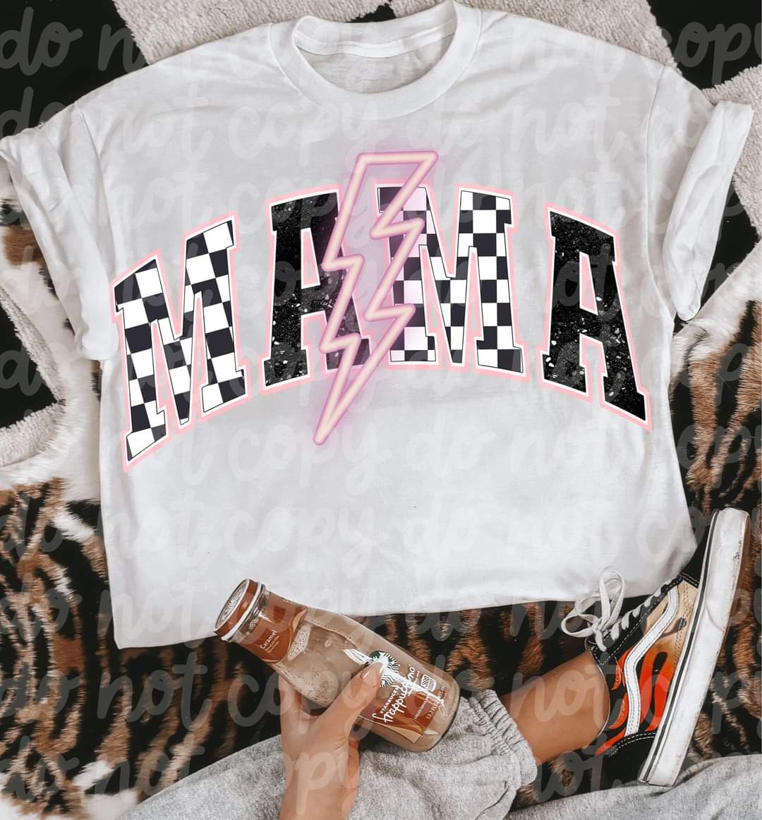 Mama Checkered Light Pink Lightening Bolt-SHIRT