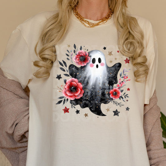 Black & White Ghost with pink flower #1 - SHIRT VSC