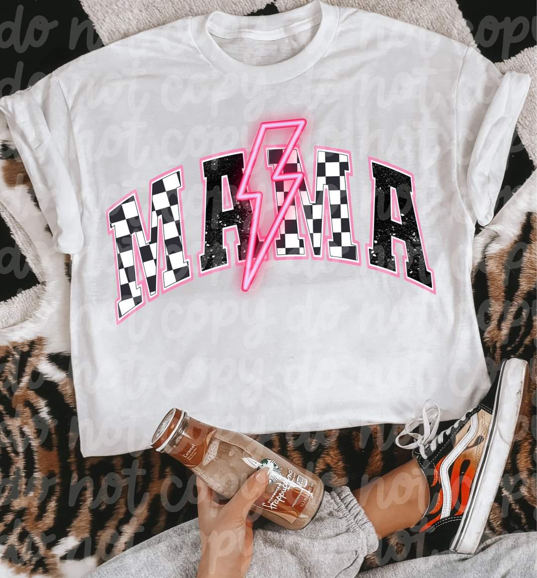 Mama Checkered Pink Lightening Bolt-SHIRT