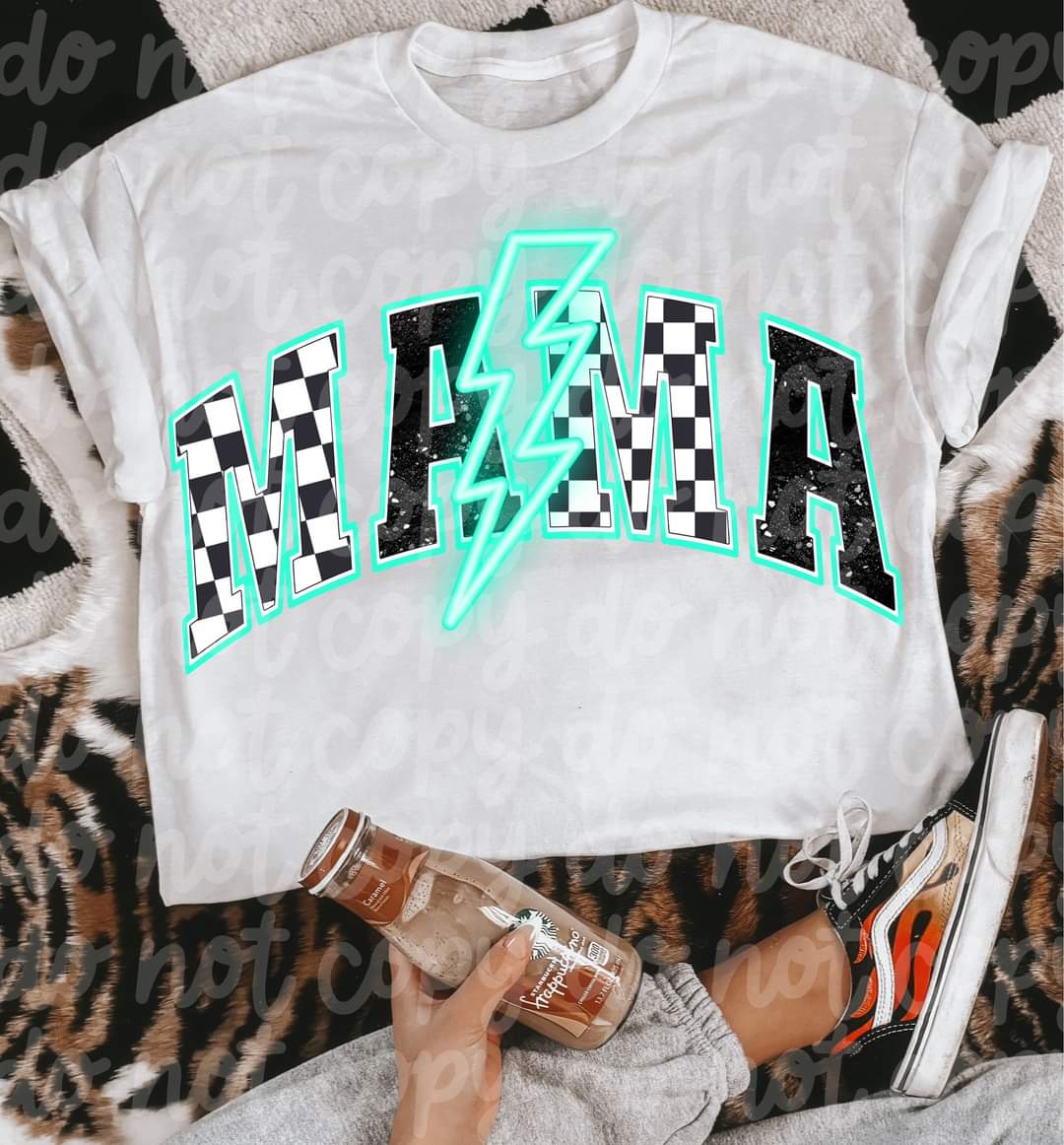 Mama Checkered Teal Lightening Bolt-SHIRT