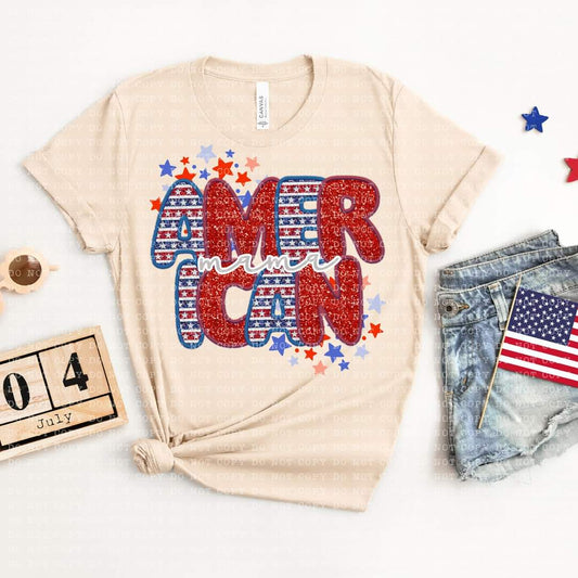 American Mama Faux Embroidery Sequin Stacked- SHIRT