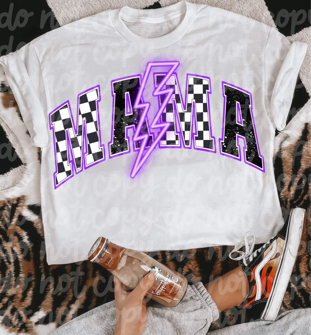 Mama Checkered Purple Lightening Bolt-SHIRT