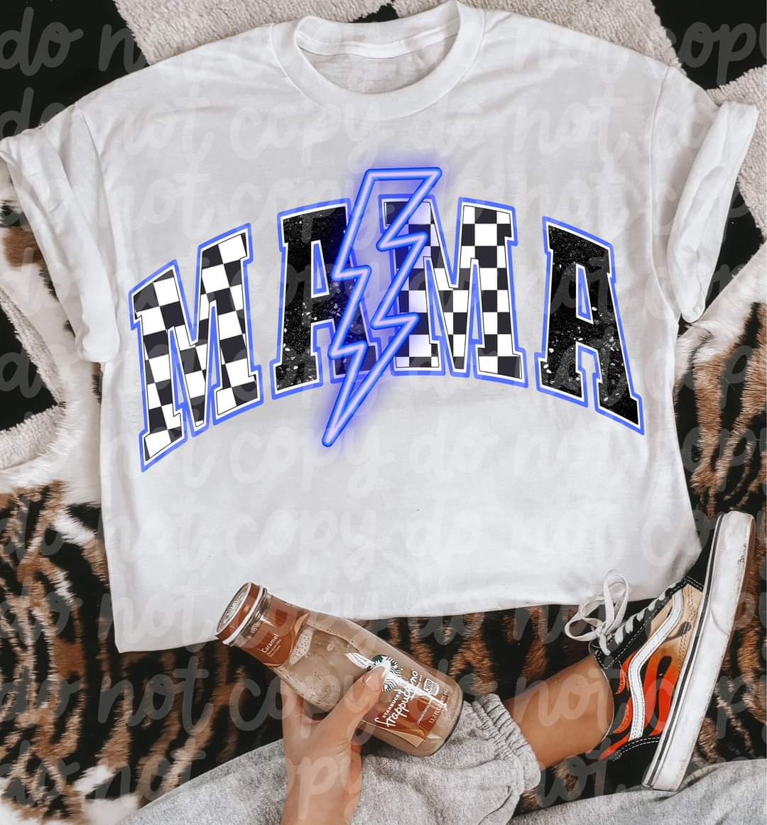 Mama Checkered Blue Lightening Bolt-SHIRT