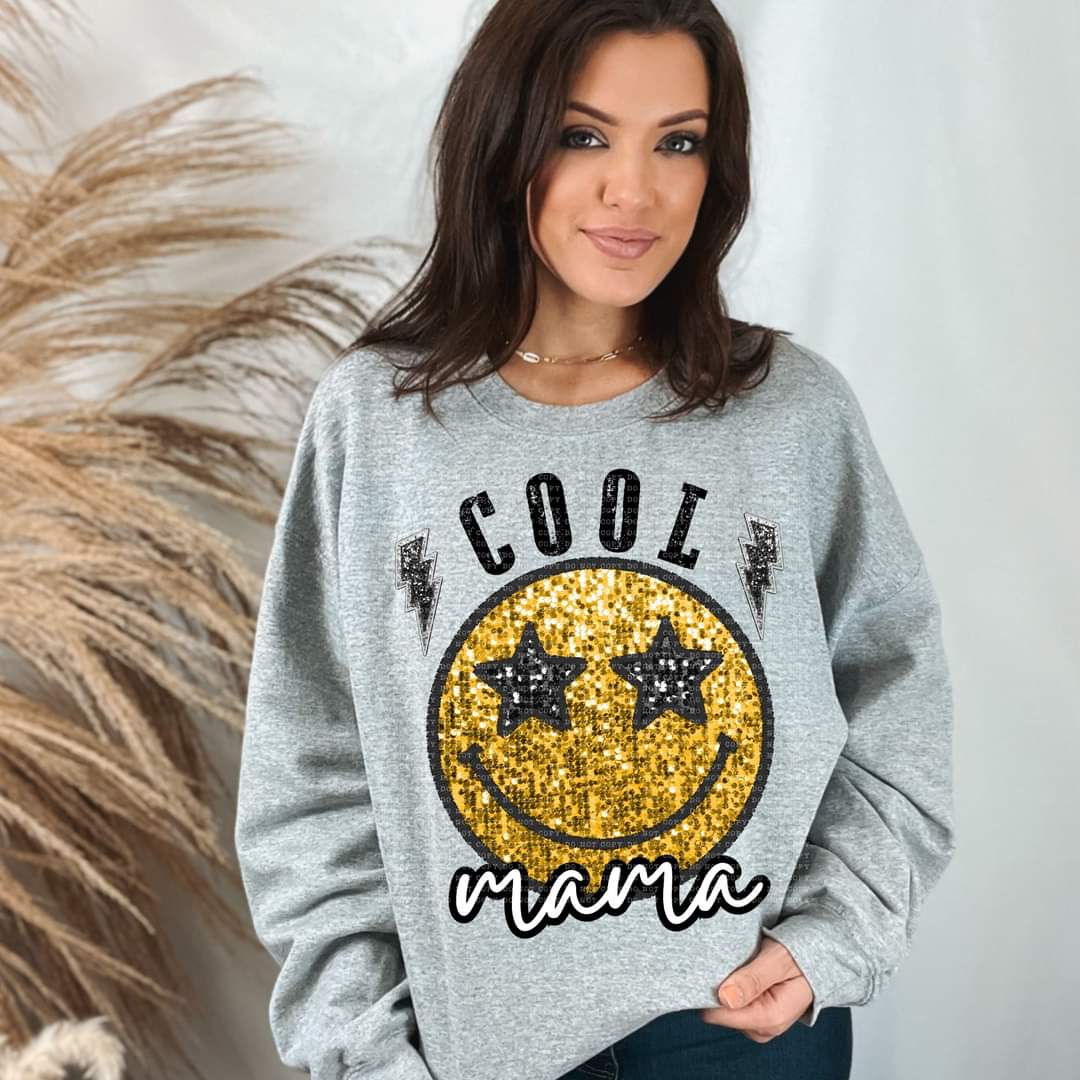 Cool Mama Faux Sequin Smiley Face -SHIRT