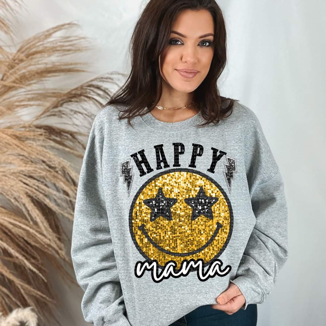 Happy Mama Faux Sequin Smiley Face -SHIRT