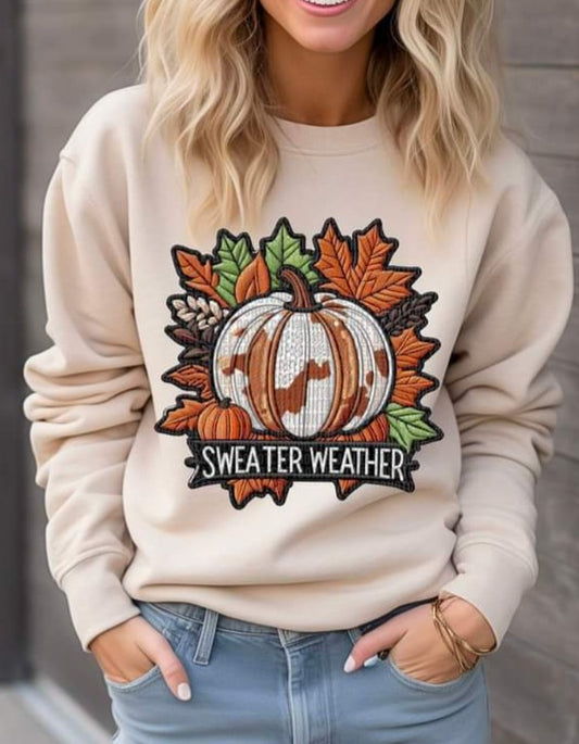 Sweater Weather Faux Embroidery Pumpkin & Leaves - SHIRT SDD