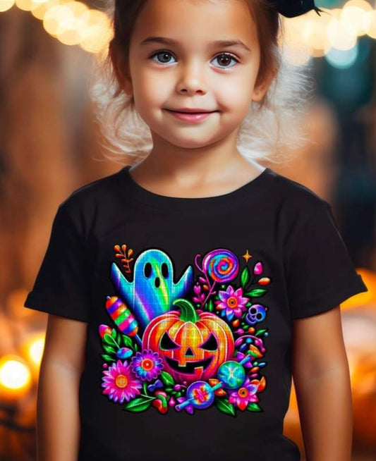 Bold Colored Halloween Jack O Lantern with flowers & Candy - KIDS SHIRT SDD.24