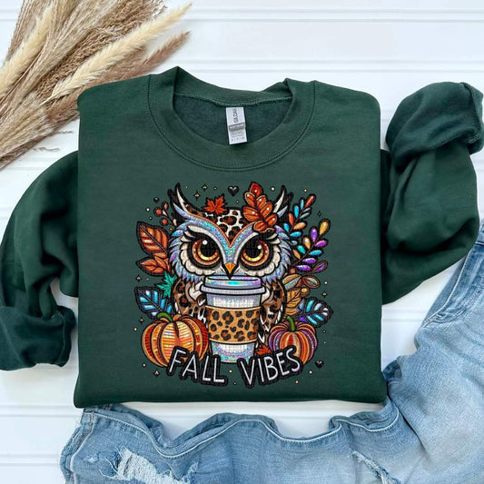 Fall Vibes Faux Embroidery Owl - SHIRT SDD.24