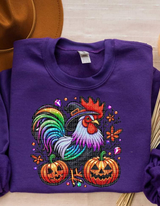 Halloween Witch Rooster with Jack O Lanterns Faux Rhinestone - SHIRT SDD.24