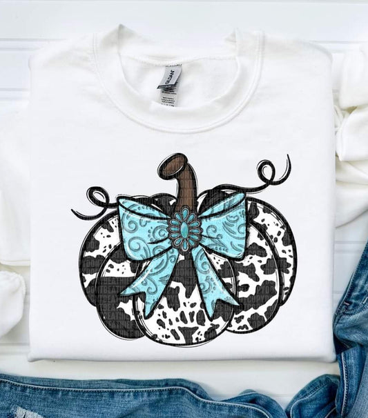 Black & White Cow Printed Pumpkin Teal Bow -SHIRT SDD.24