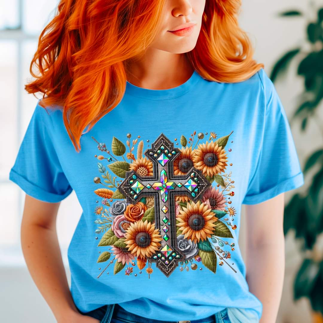 Faux Rhinestone Cross & Flowers - SHIRT SDD.24