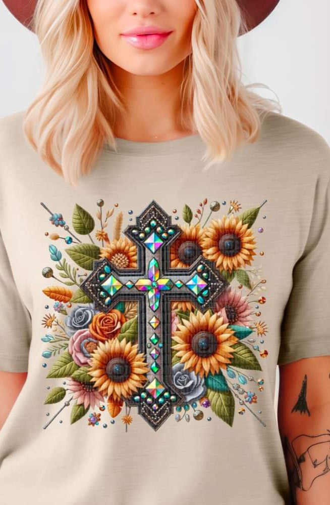 Faux Rhinestone Cross & Flowers - SHIRT SDD.24