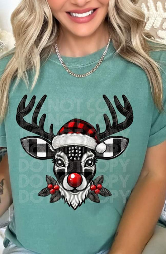 Plaid Reindeer Faux Embroidery - SHIRT