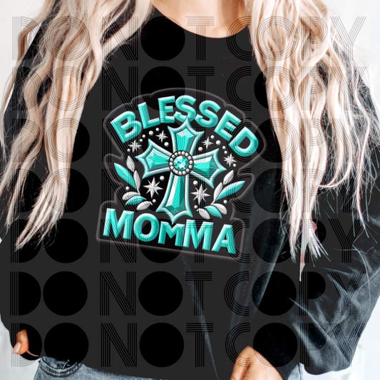 Blessed Momma Teal Faux Embroidery - SHIRT RHD