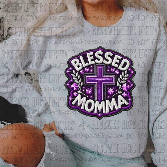 Blessed Momma Purple Faux Embroidery - SHIRT RHD