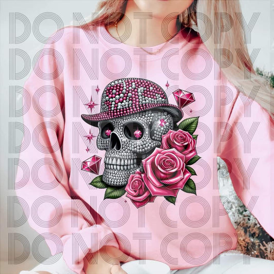 Skull Pink Roses Pink Faux Rhinestone - SHIRT RHD