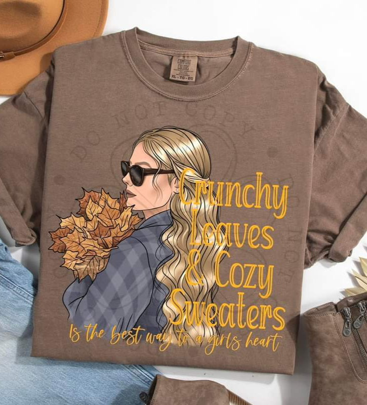 Crunchy Leaves Cozy Sweaters Girl Auburn, Black, or Blonde Hair - SHIRT DDD* indicate in note section which girl needed