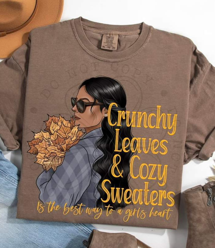 Crunchy Leaves Cozy Sweaters Girl Auburn, Black, or Blonde Hair - SHIRT DDD* indicate in note section which girl needed