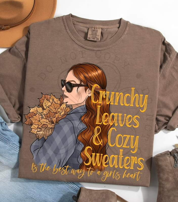 Crunchy Leaves Cozy Sweaters Girl Auburn, Black, or Blonde Hair - SHIRT DDD* indicate in note section which girl needed