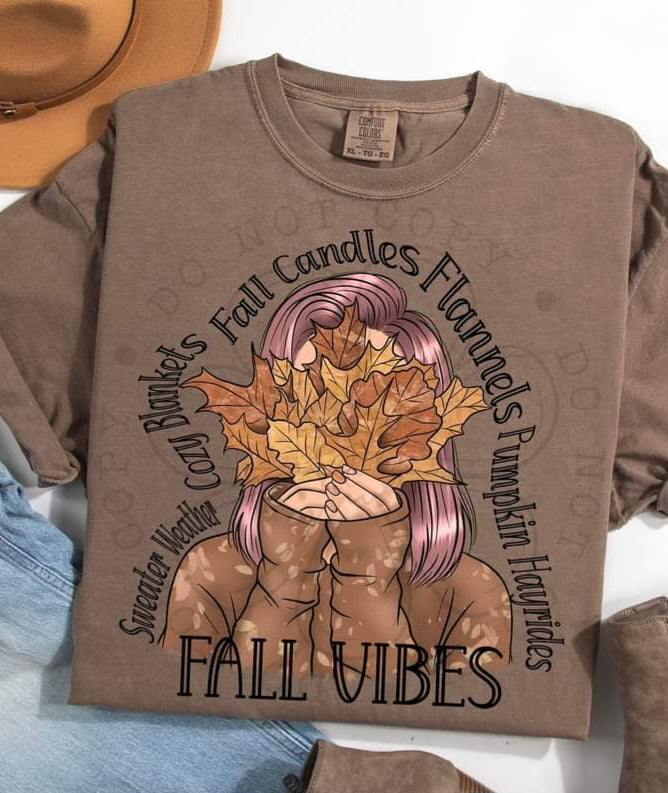 Fall Vibes w Girl and Leaves - SHIRT DDD* indicate in note section Black or White Letters