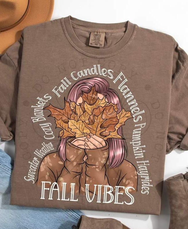 Fall Vibes w Girl and Leaves - SHIRT DDD* indicate in note section Black or White Letters